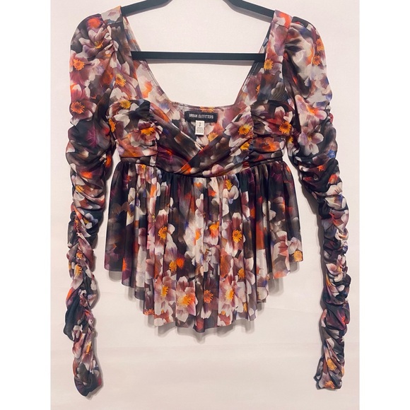Urban Outfitters Floral Ruffle Ruched Mesh Long Sleeve Babydoll Top, Size S - Picture 2 of 9